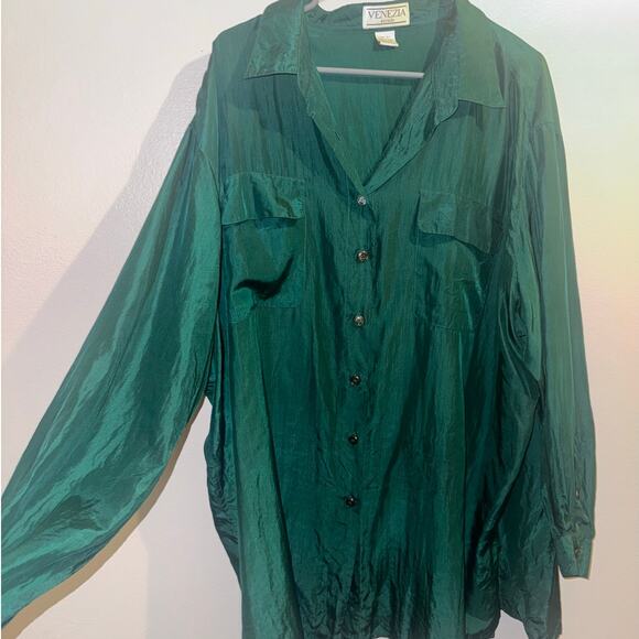 Venezia Vitale 100% Silk Top Button Collar Pocket Long Sleeve Green 22/24 - Picture 1 of 5